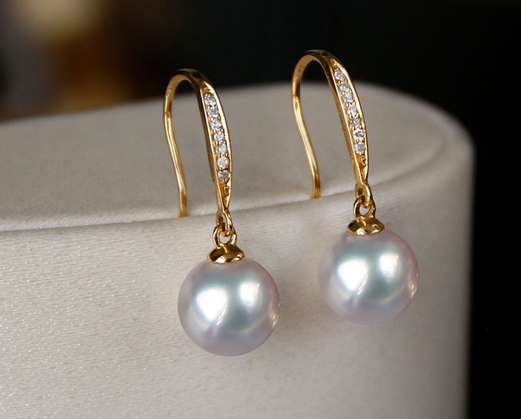 [ヘイズジュエリー] 日本製アコヤ海水真珠 イヤリング 7.5-10mm ダイヤモンド装飾 18Kゴールドデザイン シンプルで上