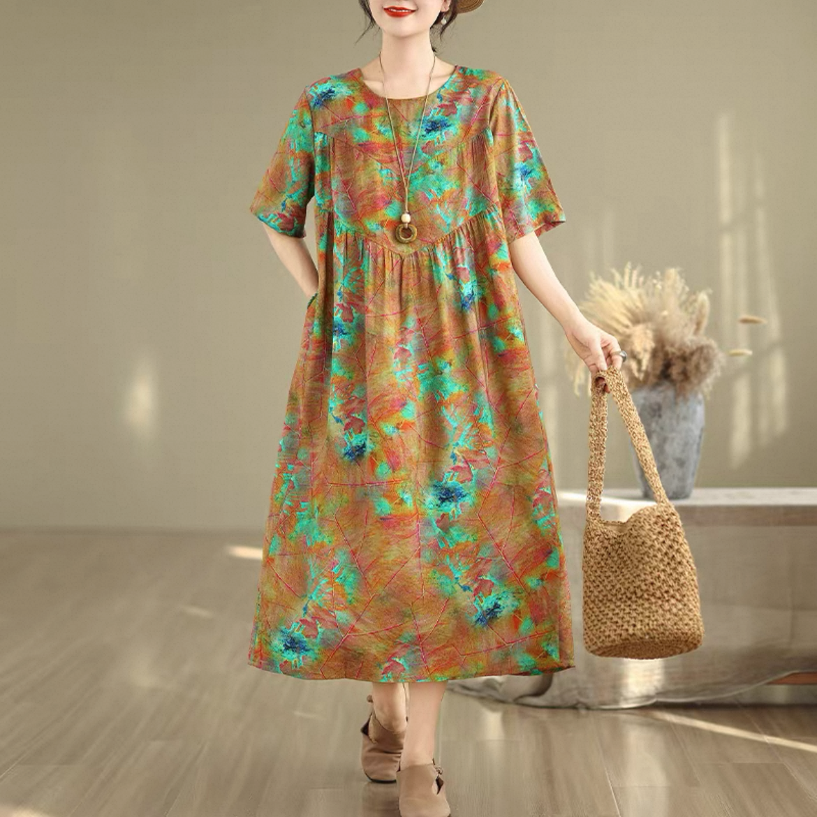 レディースワンピース、夏のワンピース、花柄ワンピース、コットンリネン（綿麻）ワンピース