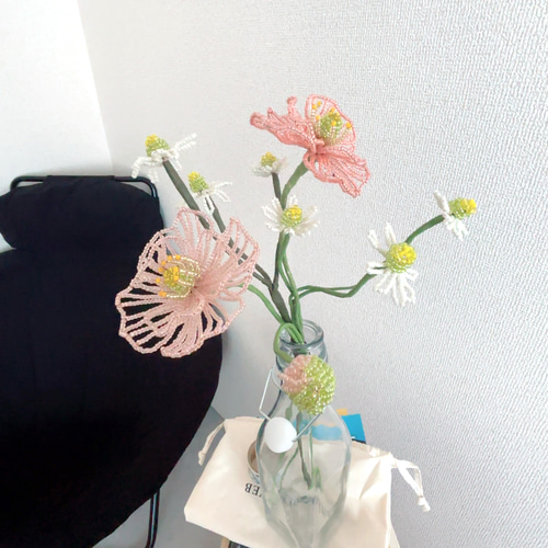 ポピーのビーズフラワー花束】インテリア/ビーズフラワー/花束/ピンク