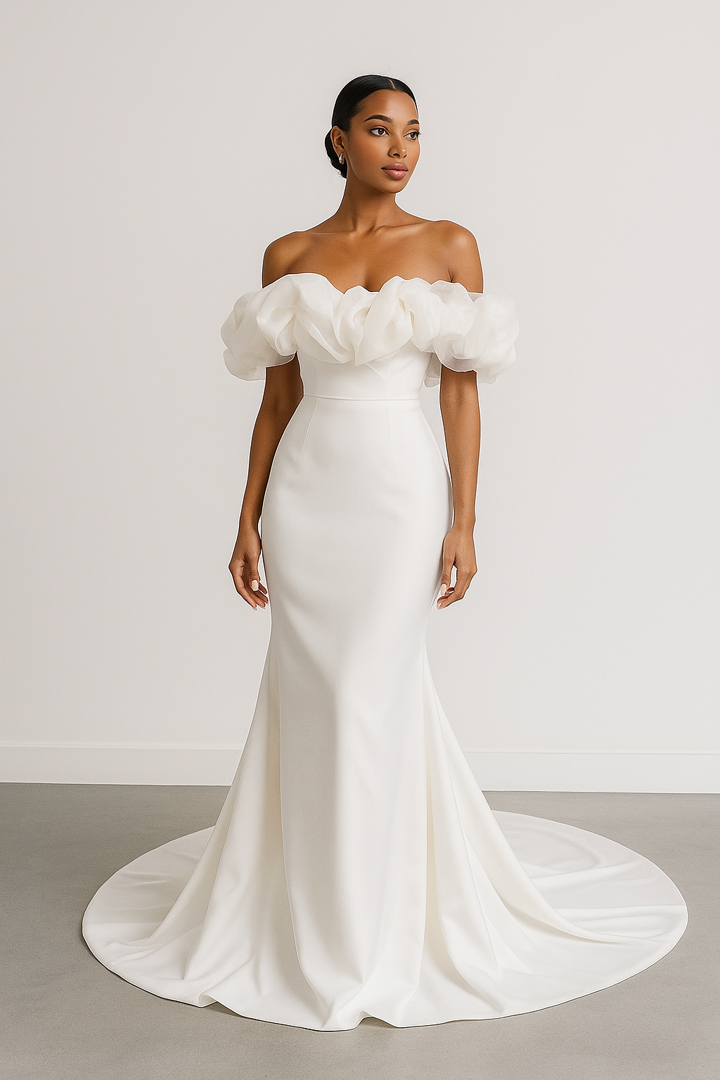 送料無料！ウェディングドレス オフショルダー マーメイドライン クレープ生地 優雅なシルエット 前撮り 二次会