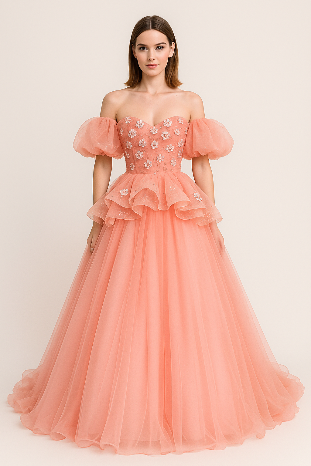 送料無料！カラードレス オレンジ パフスリーブ 花モチーフ 立体ドレープ チュールスカート プリンセスライン 可愛い