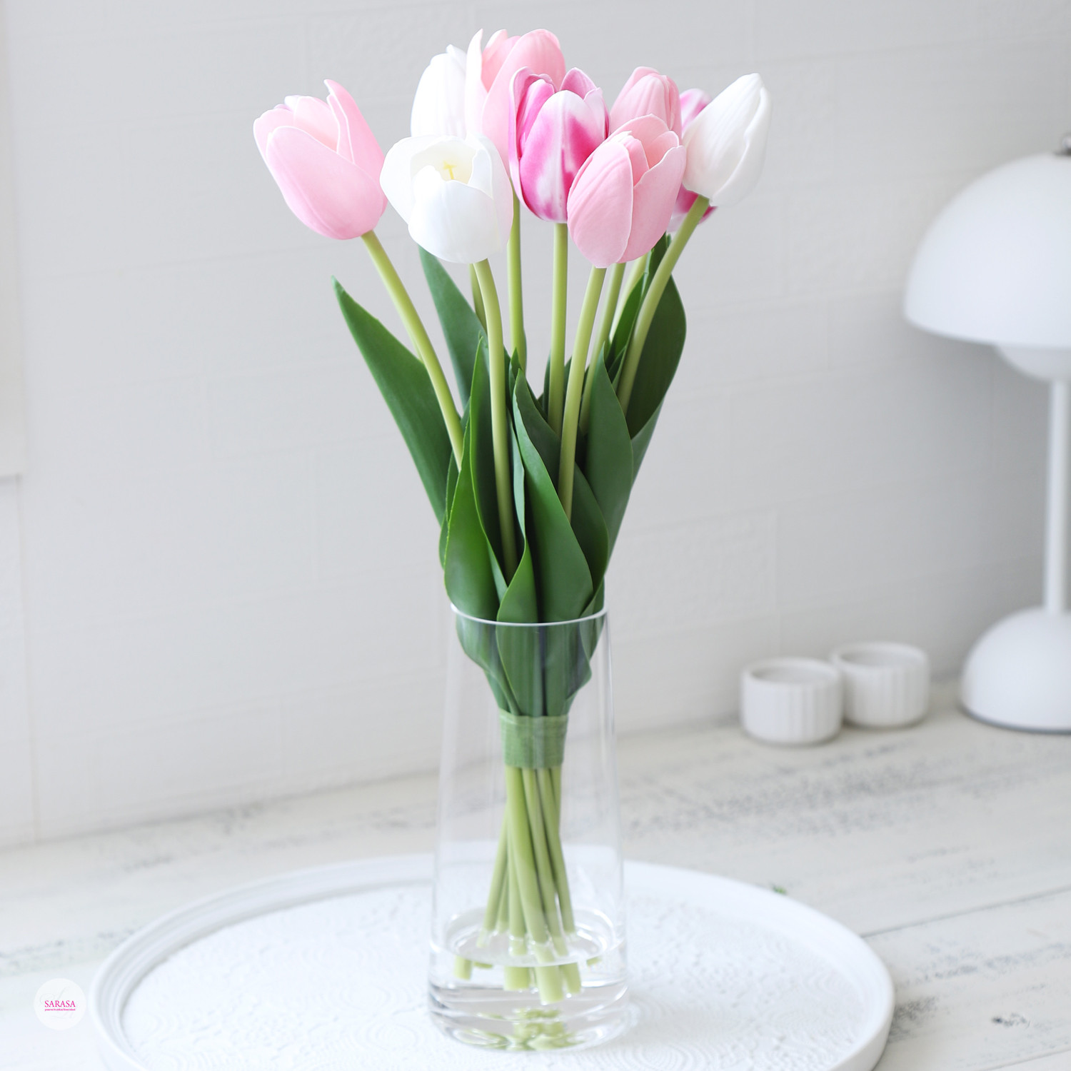 (マジカルウォーターアレンジ)ホワイト＆ピンクのチューリップ