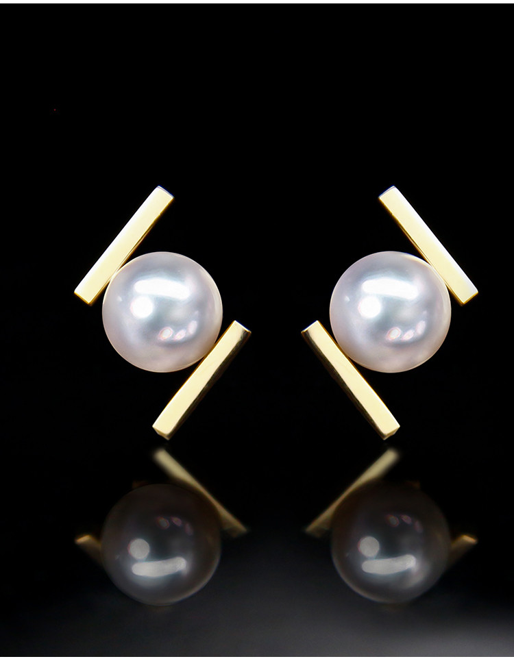 [ヘイズジュエリー]バランスビームデザイン日本製6.5-7mmアコヤ天珠海水真珠イヤリング18Kゴールド製エレガントな気質低刺激