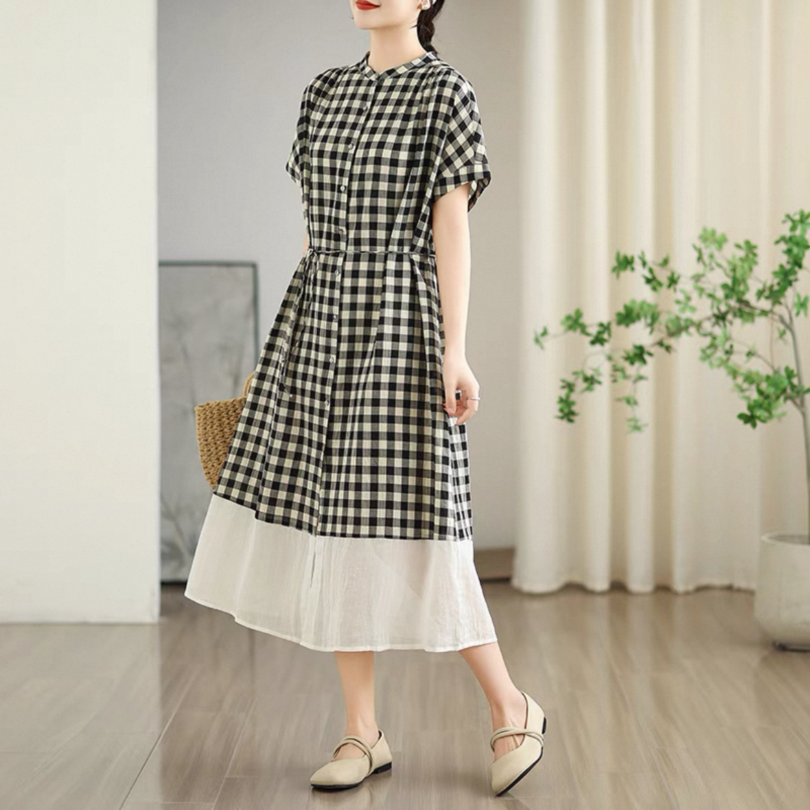 レディースワンピース、夏のワンピース、チェックワンピース、コットンリネン（綿麻）ワンピース