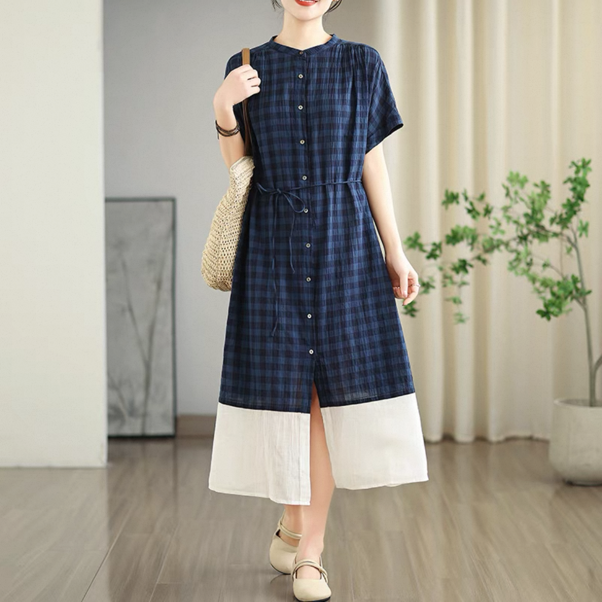 レディースワンピース、夏のワンピース、チェックワンピース、コットンリネン（綿麻）ワンピース