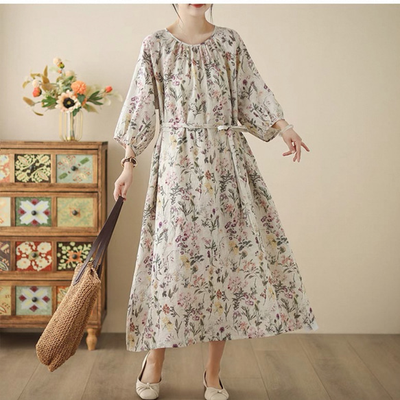 CABBAGES&ROSES リネン 花柄 きなり ワンピース 麻100 花柄ワンピース、レディースワンピース、夏のワンピース、コットン