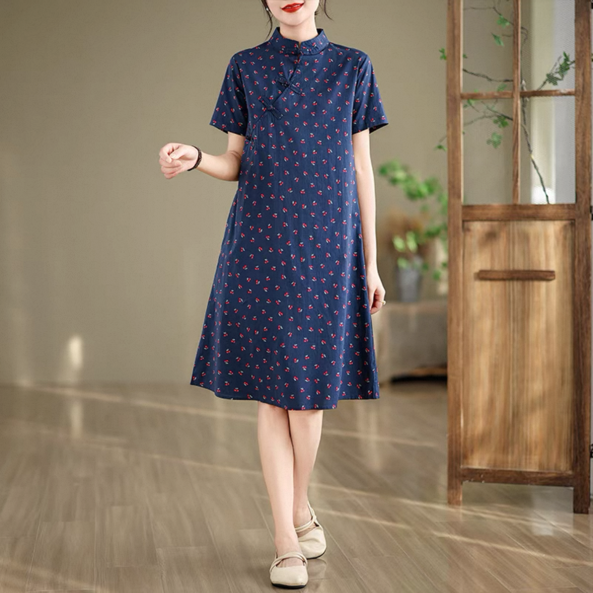 花柄ワンピース、レディースワンピース、夏のワンピース、コットンリネン（綿麻）ワンピース