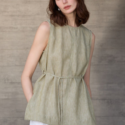 リネン100% ロングベスト タイドウエスト ノースリーブ プレミアム 先