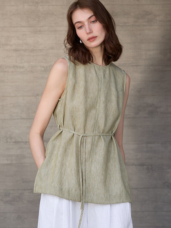 リネン100% ロングベスト タイドウエスト ノースリーブ プレミアム 先