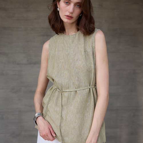 リネン100% ロングベスト タイドウエスト ノースリーブ プレミアム 先