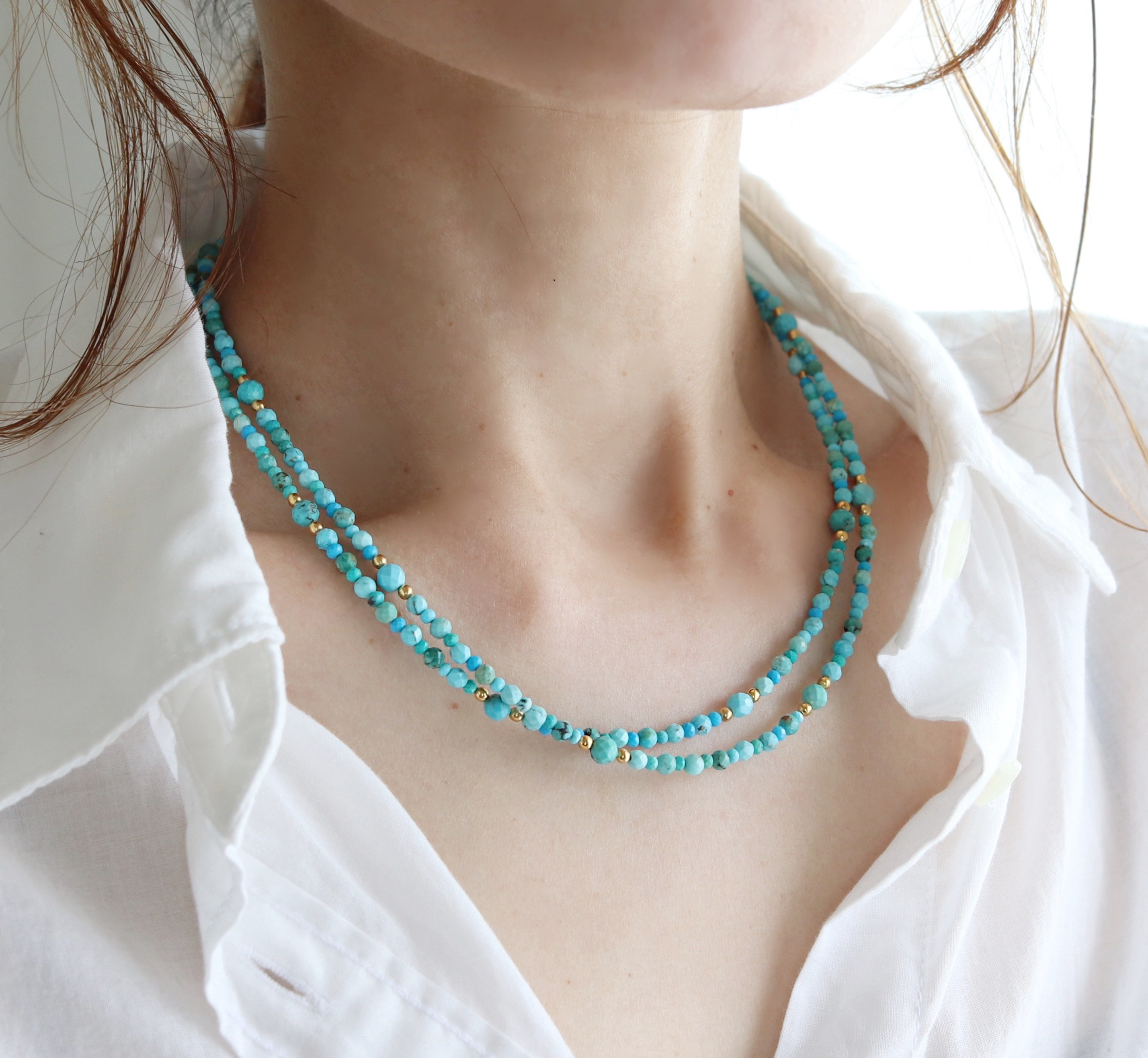 2連に見える (金具の色選べる) 小粒ターコイズネックレス・金アレ対応サージカルステンレス