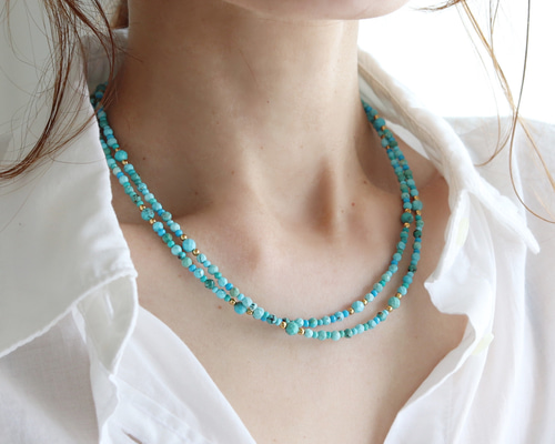 2連に見える (金具の色選べる) 小粒ターコイズネックレス・金アレ対応