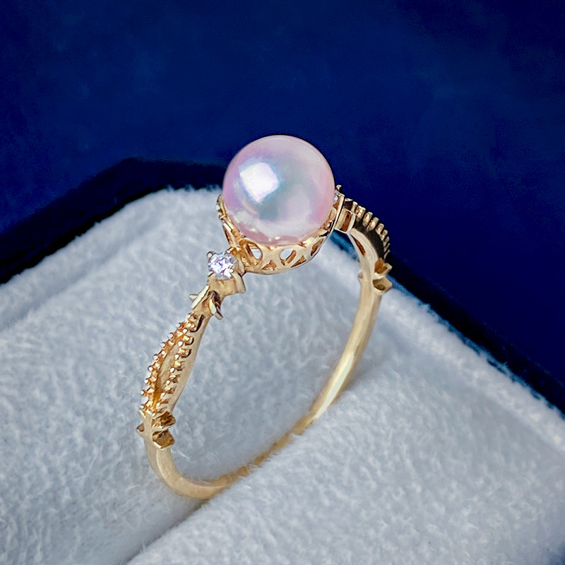 [ヘイズジュエリー] 5.5-6mm アコヤ真珠 日本製 天然海水真珠 小粒 クラウンリング 18Kゴールド ダイヤモンド装飾