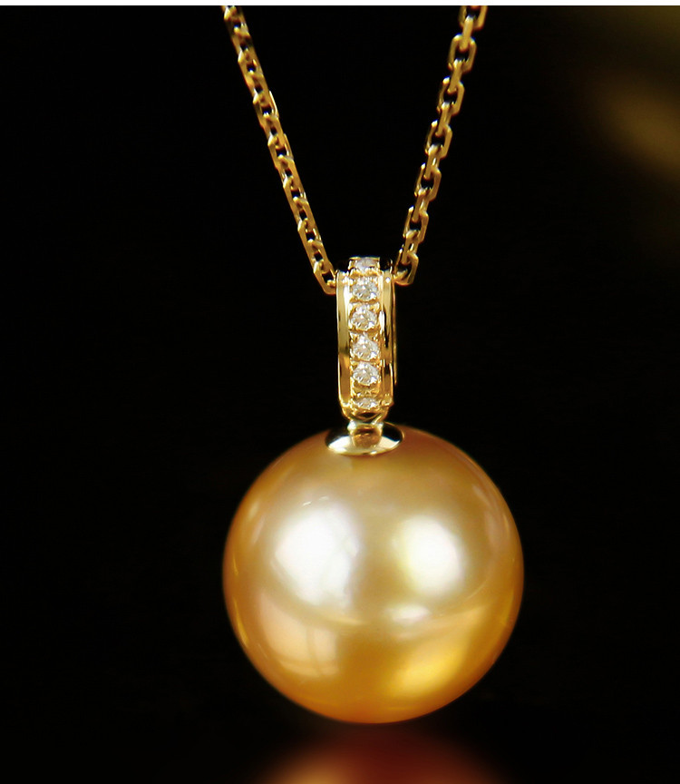 [ヘイズジュエリー] 9-12.9mm 南洋ゴールドパールペンダントネックレス シングルローダイヤモンドデザイン 18Kゴールド