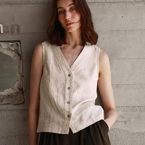 レディース リネン100% Vネック ベスト 夏 ノースリーブ 通勤