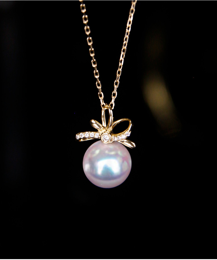 [ヘイズジュエリー] リボンデザイン 日本製 アコヤ真珠 海水真珠 ペンダントネックレス 7.5-9.9mm 天然真珠 18Kゴ