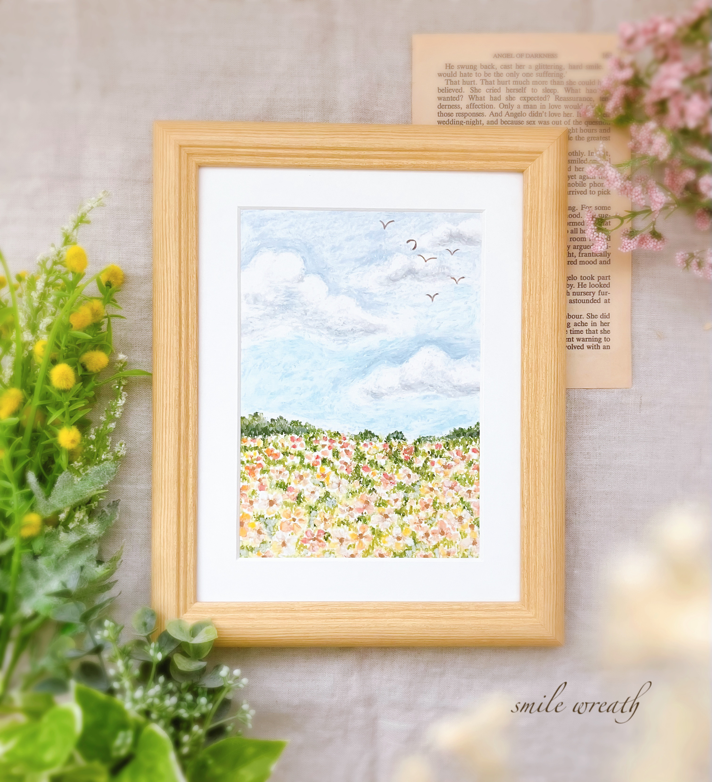 オイルパステル原画 黄色の花 2Lサイズ【額付き】 黄色い花 絵画