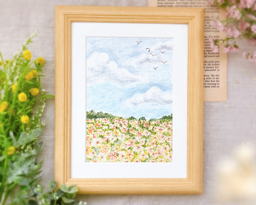 オイルパステル画【お花畑と水色の空】大切な方への贈り物やご