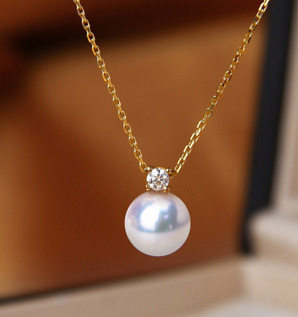 海斯珠寶】8-10mm 日本Akoya 天女級珍珠吊墜鎖骨鏈王妃款18K金鑽石點綴