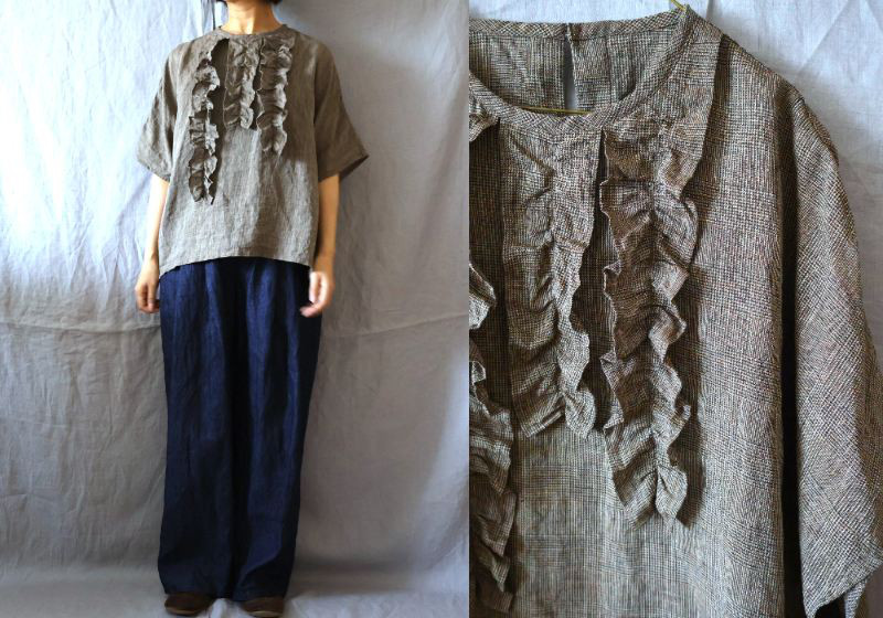 【受注制作】キャメル/グレンチェックリネン　きっちりクルー/フリルドルマン袖プル