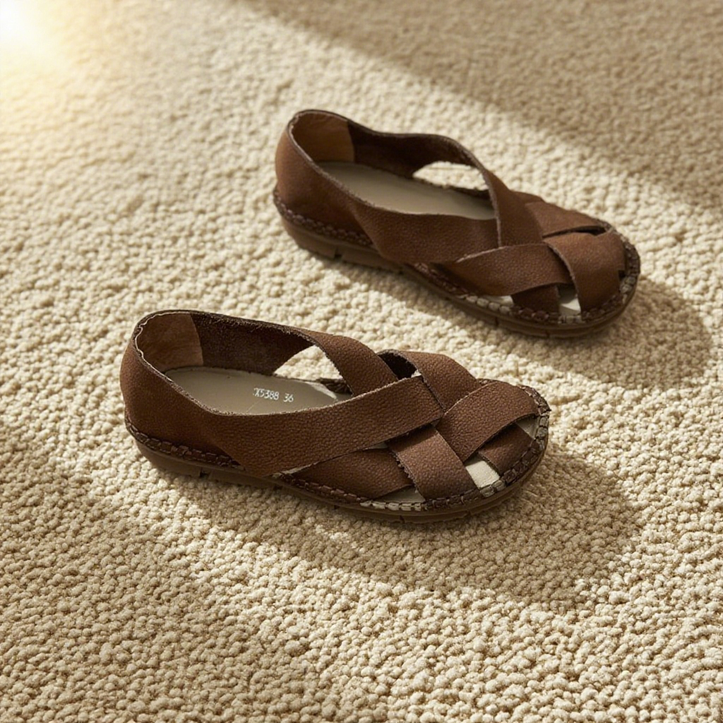 2色|コンフォートフラットサンダル|ソフト牛革編み込み|レザーサンダル|防滑ソール