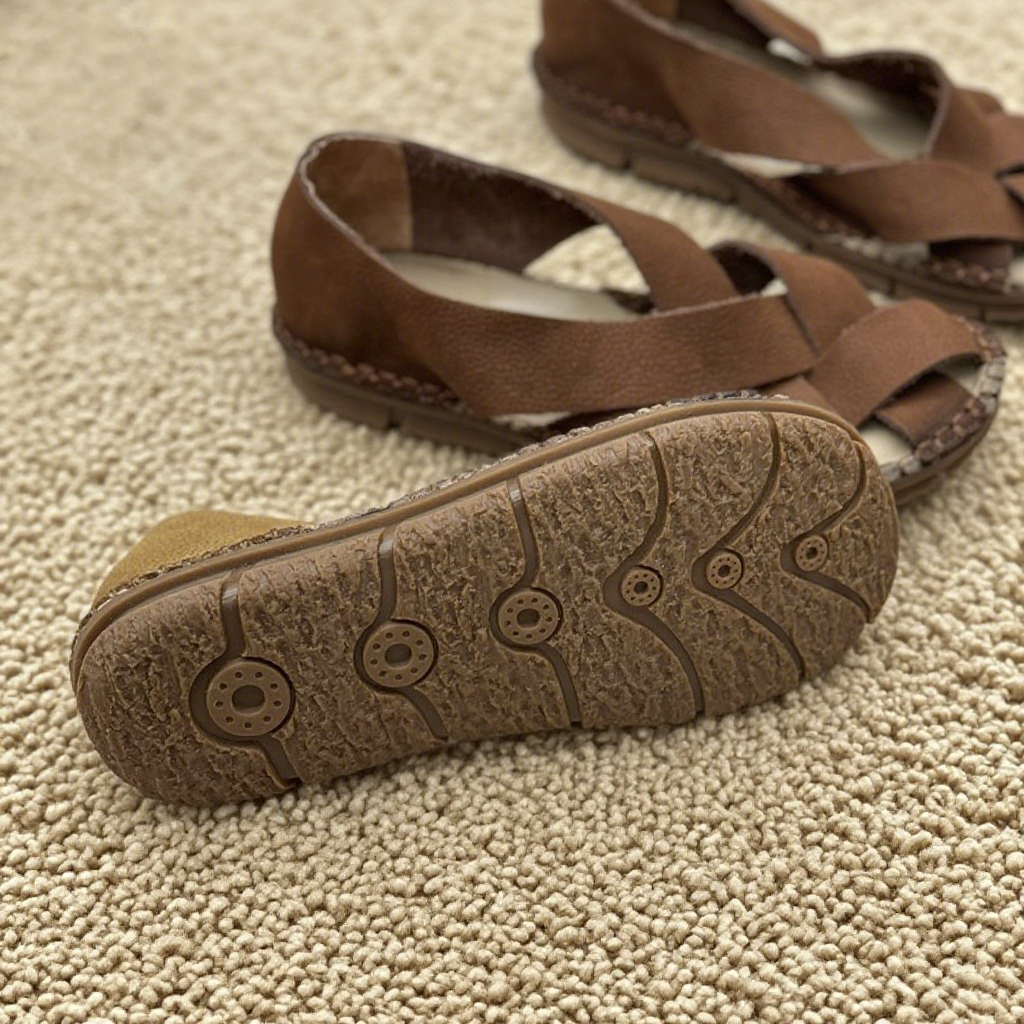 2色|コンフォートフラットサンダル|ソフト牛革編み込み|レザーサンダル|防滑ソール