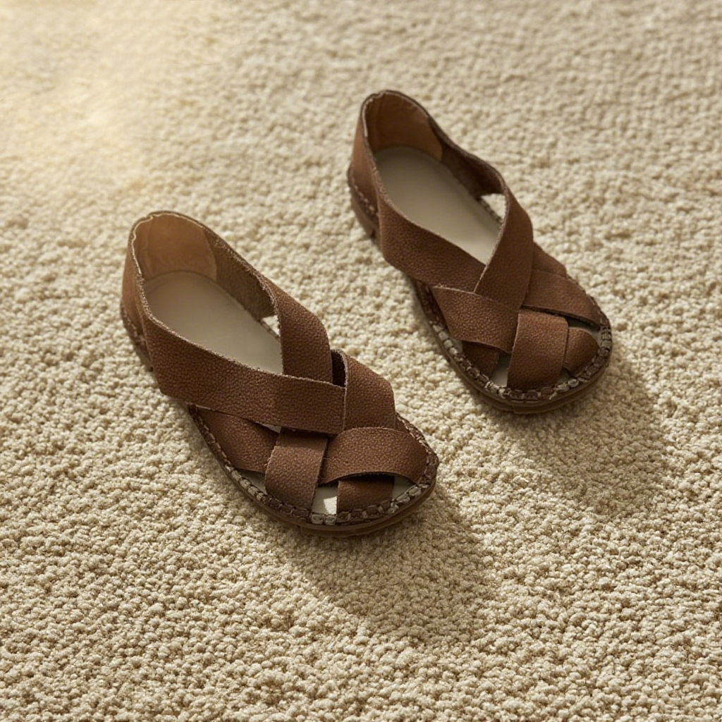 2色|コンフォートフラットサンダル|ソフト牛革編み込み|レザーサンダル|防滑ソール