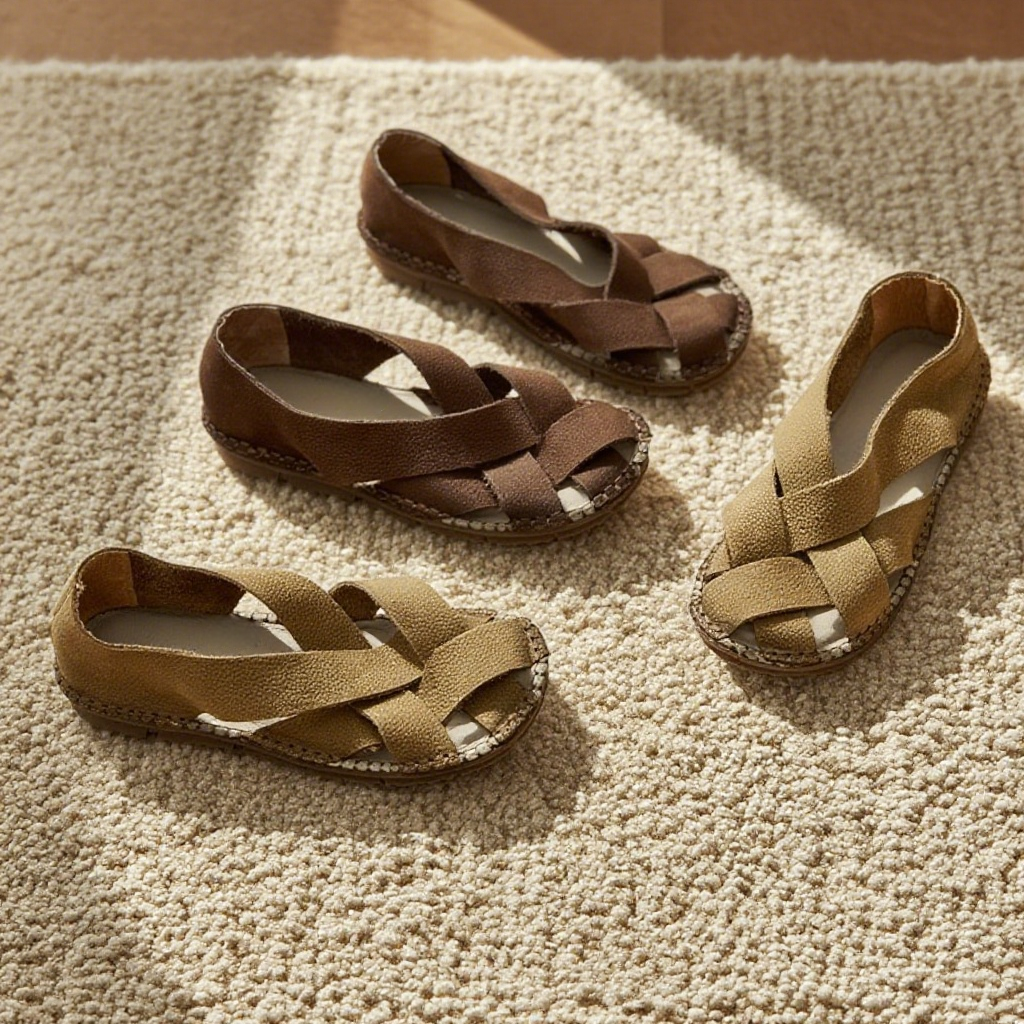 2色|コンフォートフラットサンダル|ソフト牛革編み込み|レザーサンダル|防滑ソール