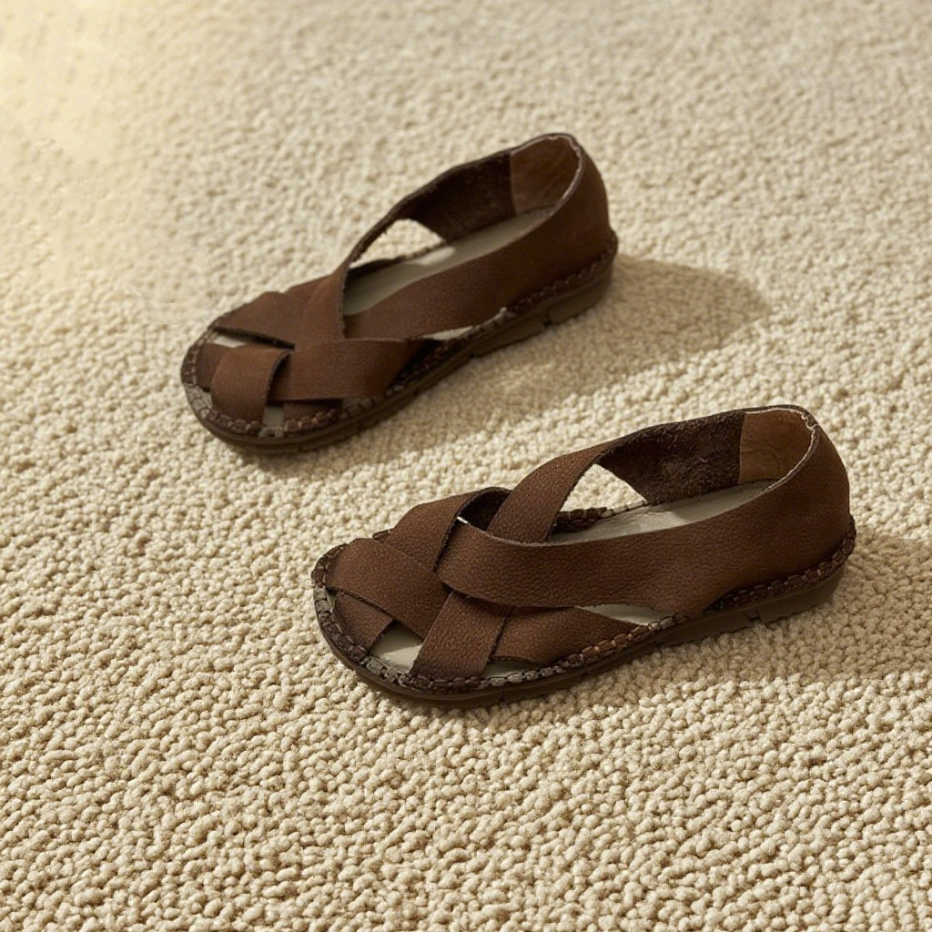 2色|コンフォートフラットサンダル|ソフト牛革編み込み|レザーサンダル|防滑ソール