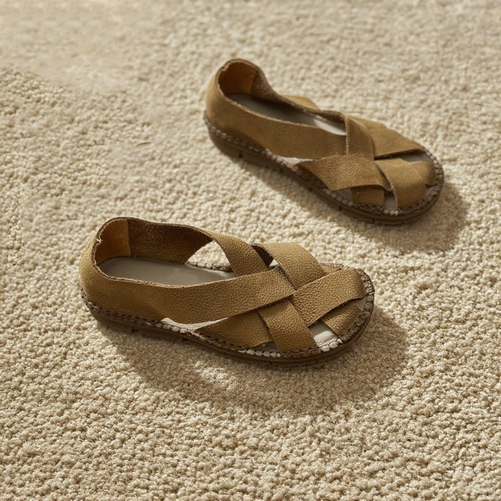 2色|コンフォートフラットサンダル|ソフト牛革編み込み|レザーサンダル|防滑ソール