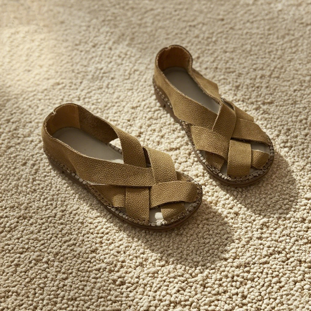 2色|コンフォートフラットサンダル|ソフト牛革編み込み|レザーサンダル|防滑ソール