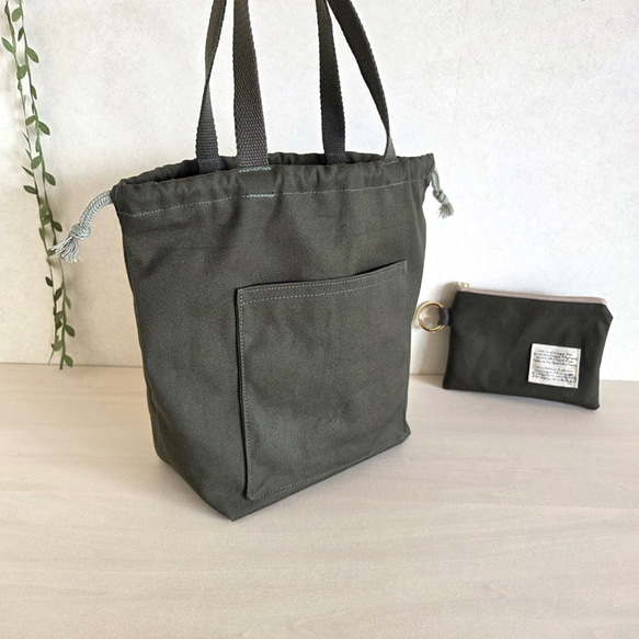 巾着バッグ＆カラビナ付きポーチ　ディープグリーン　11号帆布 13枚目の画像