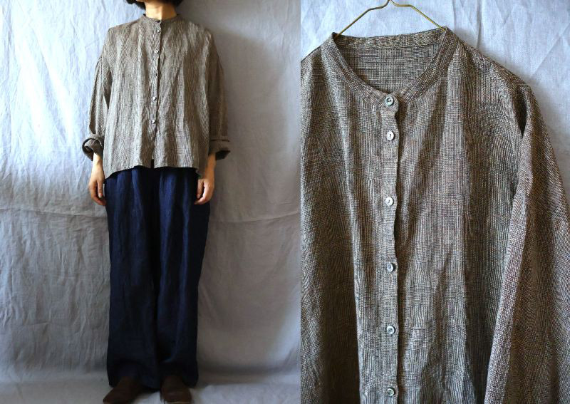 【受注制作】キャメル/グレンチェックリネン　長袖バンドカラーシャツ