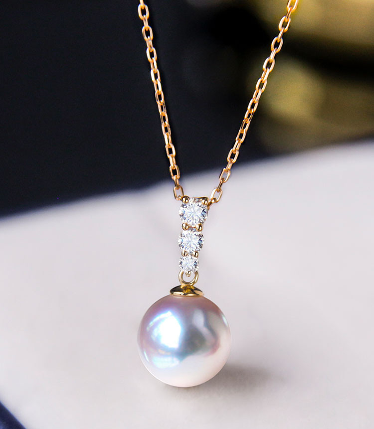 [ヘイズジュエリー] 8-10mm 日本製アコヤ天上グレード海水真珠ペンダントネックレスセット 18Kゴールドダイヤモンド装飾