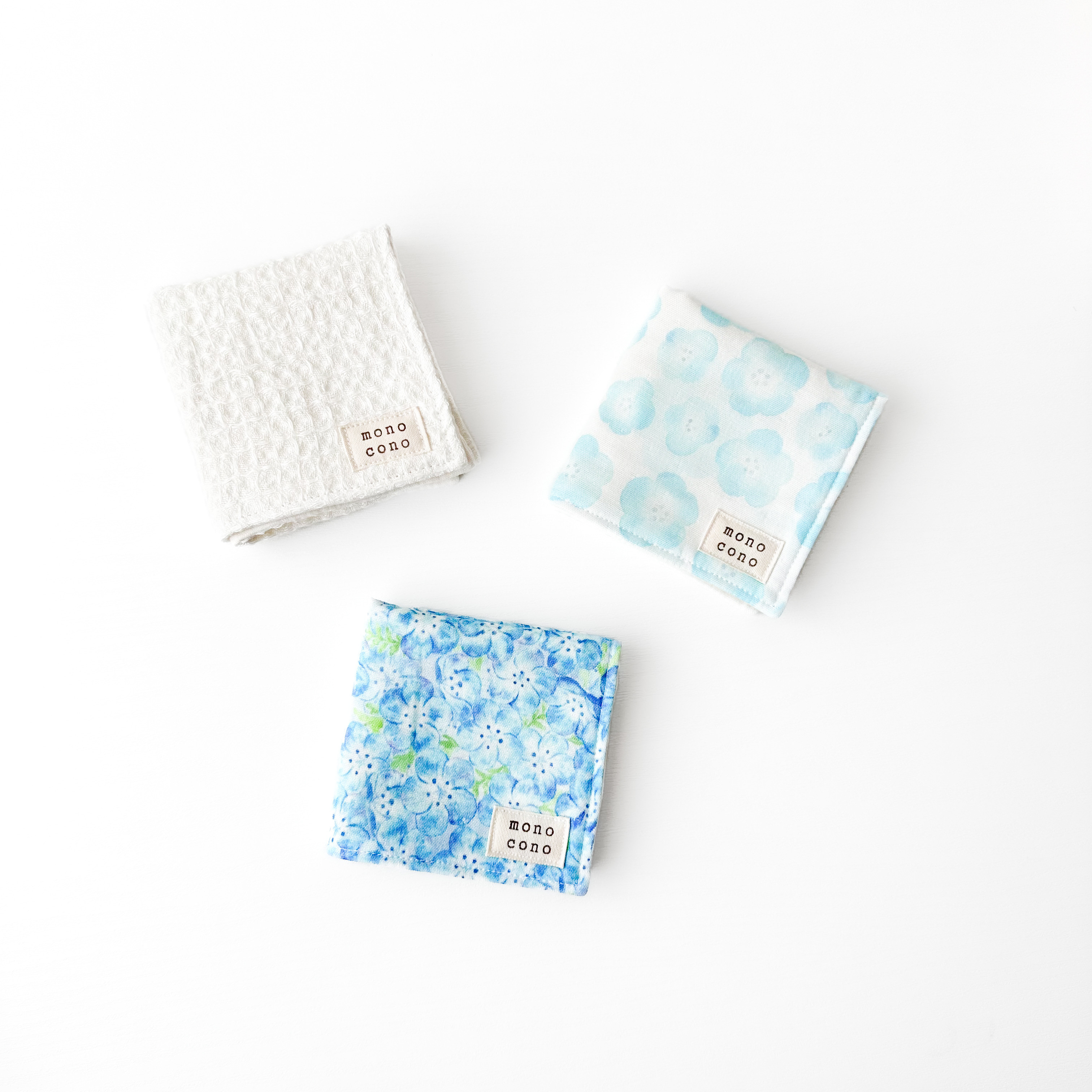 『 満開のネモフィラセット 』｜名入れ・ループ可 ｜6重ガーゼ+リネンワッフルガーゼのハンカチ3枚セット｜ギフト｜