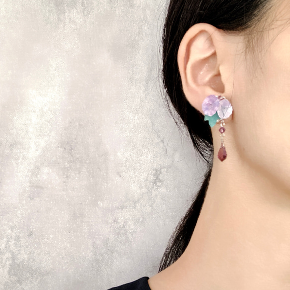 朝顔（あさがお）とビジューのピアス/イヤリング　パープル 2枚目の画像