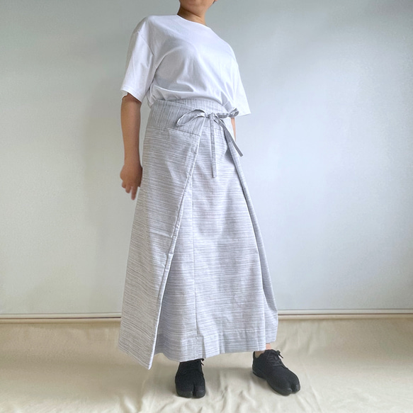 1点もの】四角布のスカート -綿麻 着物地 水色の絣縞 SK646 フレア
