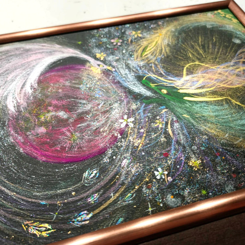 風水開運波動絵画＊虹光アート/春色満月と星光樹〜龍と鳳凰〜陰陽太極図　人間関係 風水幸せ波動絵画＊虹光アート/幸せ満月と星光樹〜龍と鳳凰〜陽