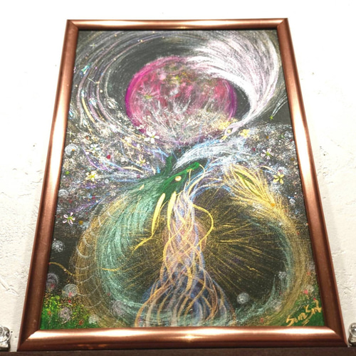風水開運波動絵画＊虹光アート/春色満月と星光樹〜龍と鳳凰〜陰陽太極図　人間関係 風水幸せ波動絵画＊虹光アート/幸せ満月と星光樹〜龍と鳳凰〜陽