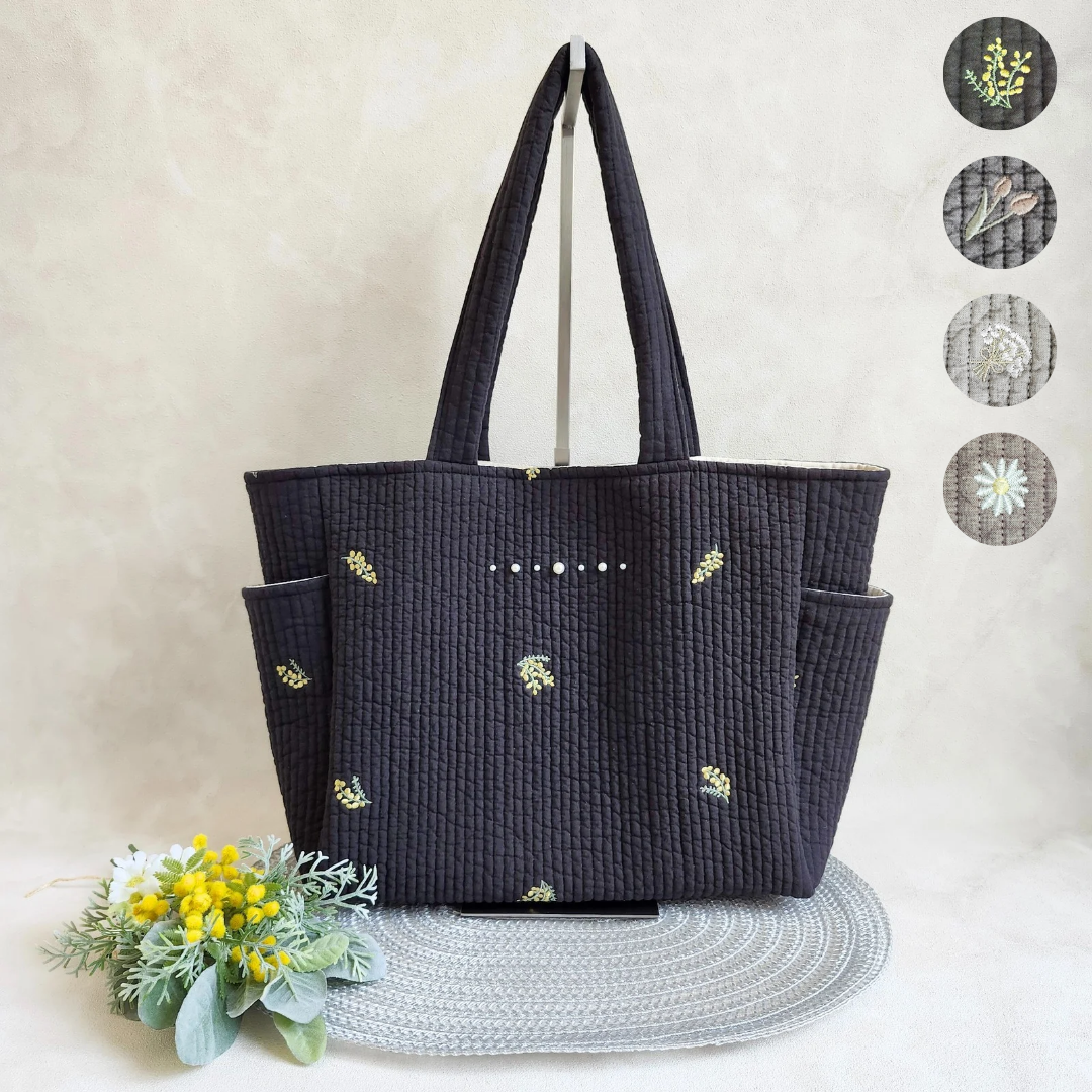 花刺繍ヌビのやさしいA4トート サイドポケット付き ヌビバッグ ♡ 底板付き 丸洗い マチあり 大きめ 韓国