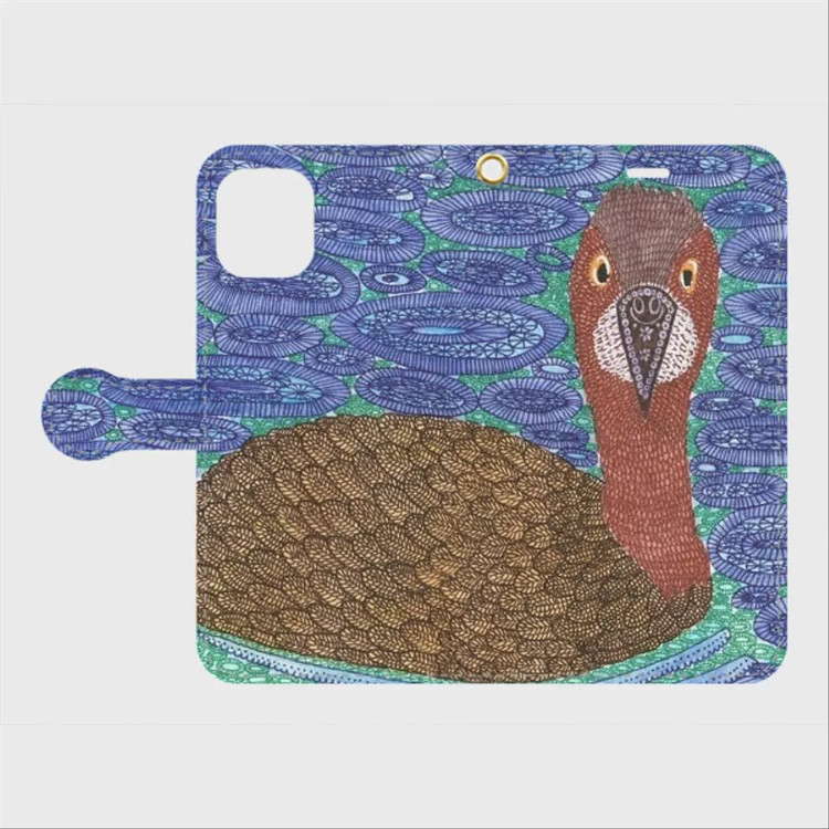 動く森と月｜プクルオ・カイツブリ｜帯あり手帳型iPhoneケース