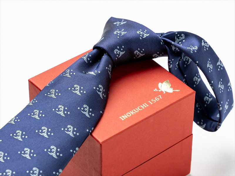 シルクネクタイ -歴紋　二頭波柄 紺色 斎藤道三 - ギフト　刺繍　INOKUCHI1567 イノクチ 高級ネクタイ