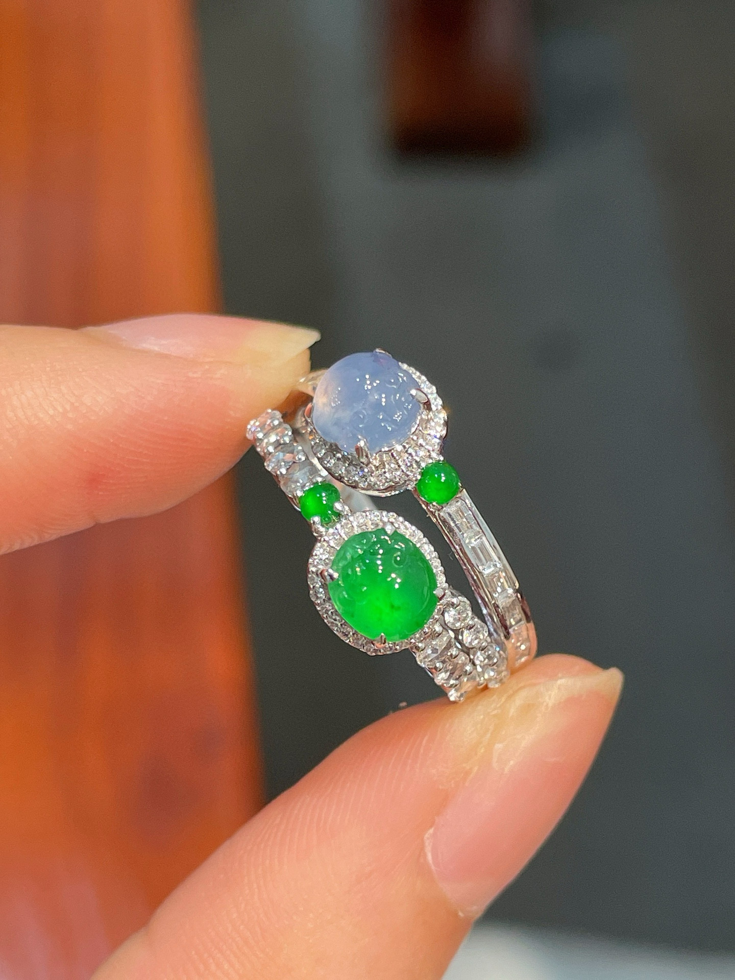 「翡翠」K18 天然氷種ラベンダーヒスイ　天然ダイヤモンド　上品　貔貅　本翡翠　A貨　リング 25/7/6 陽緑