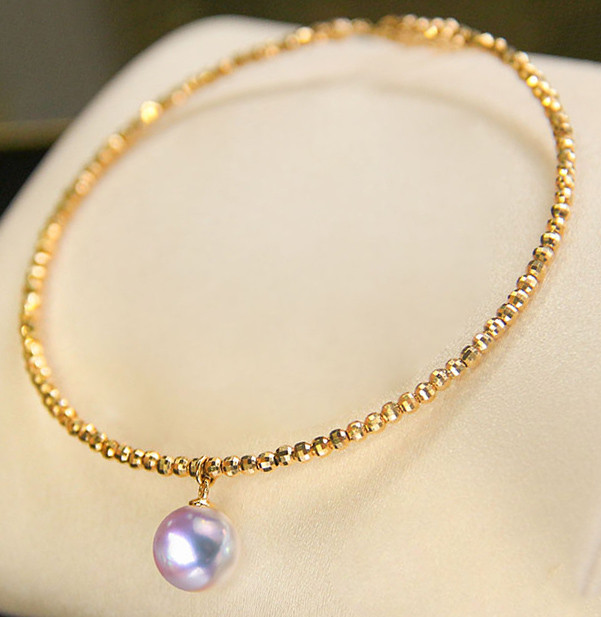 [ヘイズジュエリー] 6.5-10mm アコヤ オーロラ 海水真珠ブレスレット デザイン 18Kゴールド製 レーザービーズ装飾