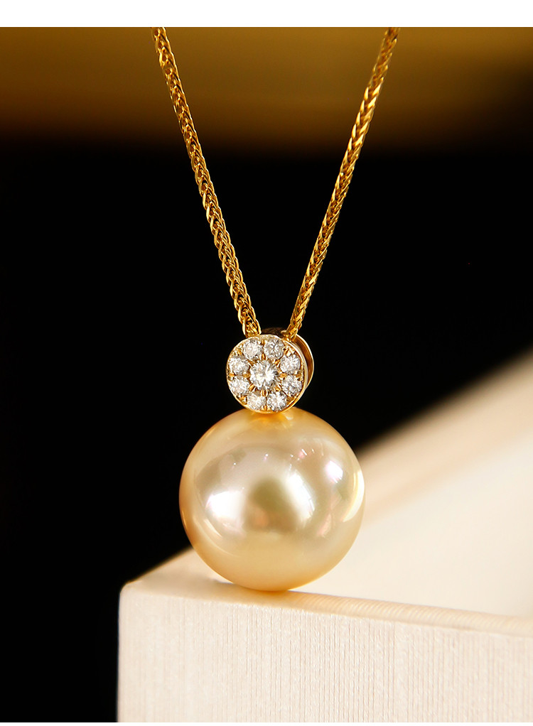 [ヘイズジュエリー] 9-12.5mmミディアムゴールド南洋ゴールドビーズペンダントネックレスシングル海水真珠18Kゴールドダイ