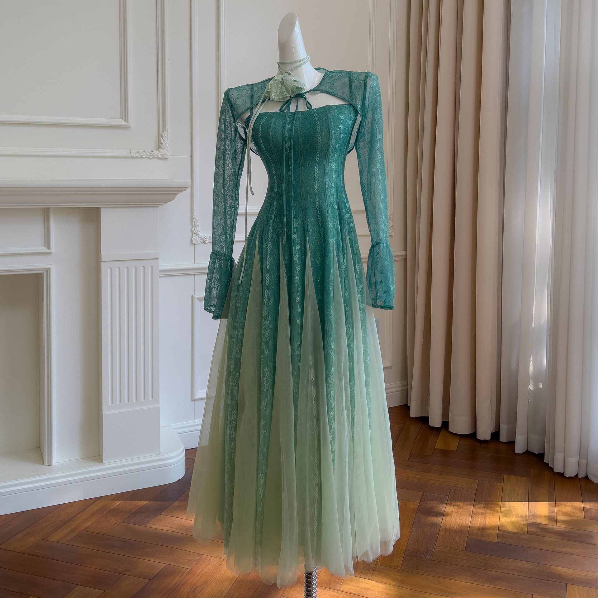 ドレス パーティー ウェディングドレス ロング ワンピース プリンセス レース 緑 上品 韓国風 お呼ばれ 69296
