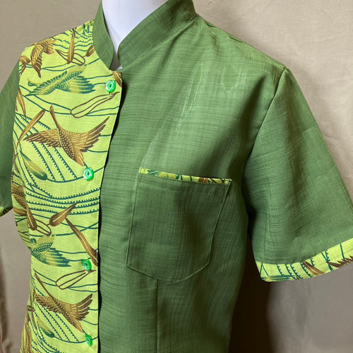 抹茶色マオカラー かりゆしウェア レディースM（沖縄、琉球、紅型柄