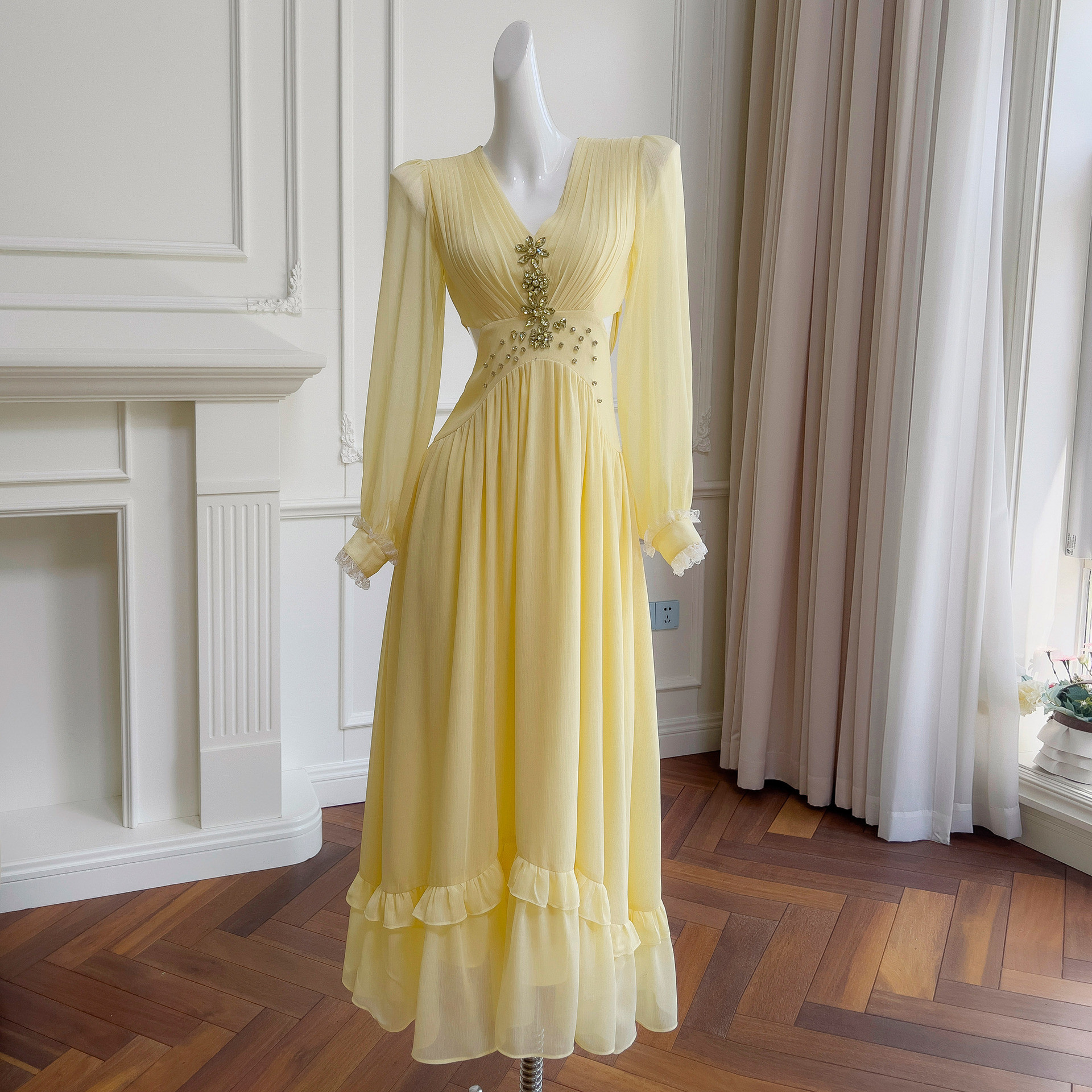 ドレス パーティー ウェディングドレス ロング ワンピース Vネック 旅行 長袖 黄色 上品 韓国風 お呼ばれ69158