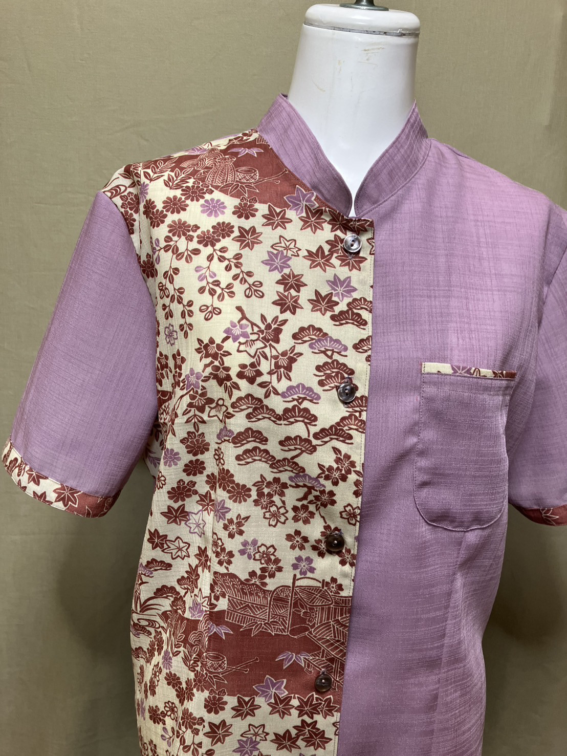 パープル　マオカラー　かりゆしウェア　レディースLL（沖縄、琉球、紅型柄、アロハ）No.190