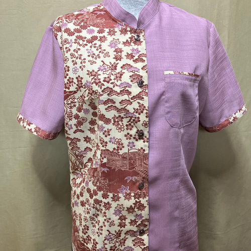 紅型　マオカラー　かりゆしウェア　沖縄 紅型華紋ボーダーシャツ- かりゆしウェア 沖縄アロハシャツ専門